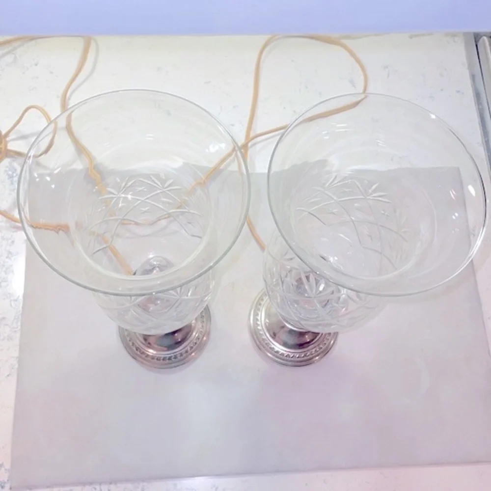 Sterling Silver Etched Electric Hurricane Lamps Candlesticks Matching Pair of 2